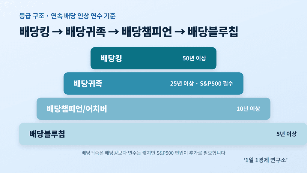 배당킹·배당귀족·배당챔피언·배당블루칩 등급 비교 — 연속 배당 인상 연수 기준