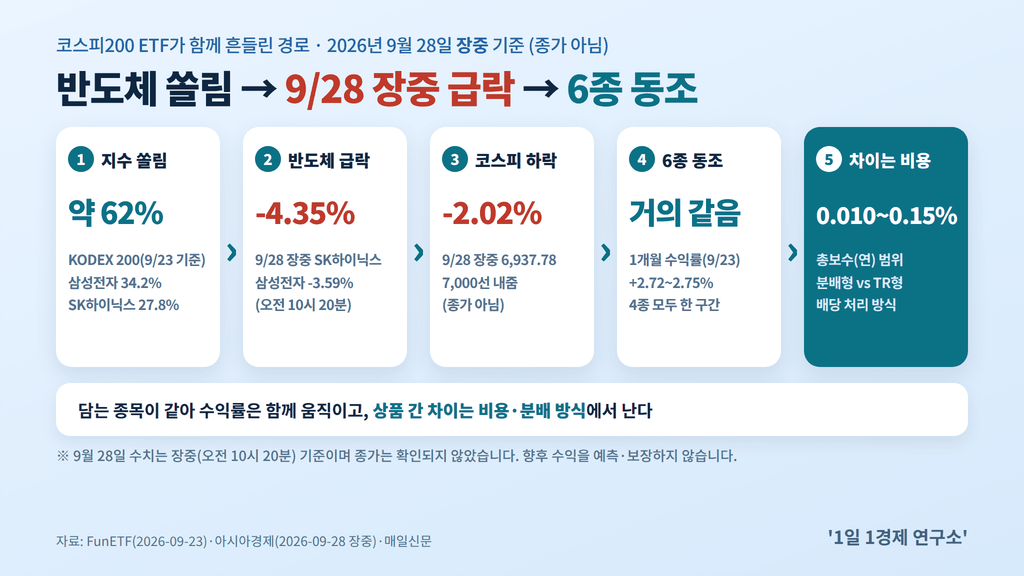 코스피200 ETF 인과 사슬 — 반도체 2종목 약 62% 쏠림에서 9/28 장중 급락, 6종 수익률 동조까지, 출처 : FunETF·아시아경제·매일신문, 9/28 수치는 장중 기준