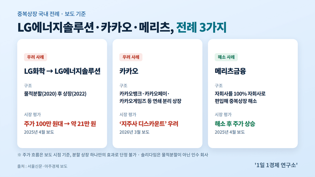 중복상장 국내 전례 비교 — LG화학·LG에너지솔루션, 카카오, 메리츠금융, 출처 : 서울신문·아주경제 보도