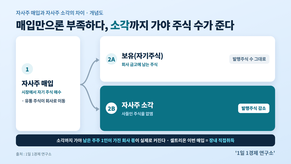 자사주 매입과 자사주 소각의 차이 — 보유(자기주식)와 소각(발행주식 감소) 흐름 개념도, 출처 : 1일 1경제 연구소