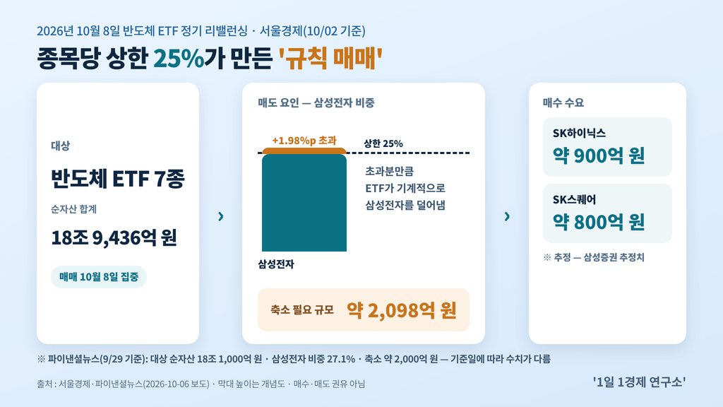 2026년 10월 8일 반도체 ETF 정기 리밸런싱 구조 — 삼성전자 비중 25% 상한 1.98%p 초과분 약 2,098억 원 축소, SK하이닉스·SK스퀘어 매수 수요, 출처 : 서울경제·파이낸셜뉴스