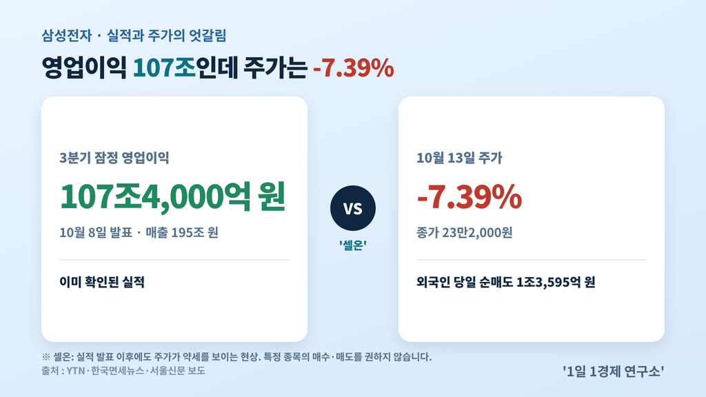 삼성전자 3분기 영업이익 107조4,000억 원에도 10월 13일 주가는 -7.39%(23만2,000원), 출처 : YTN·한국면세뉴스·서울신문 보도