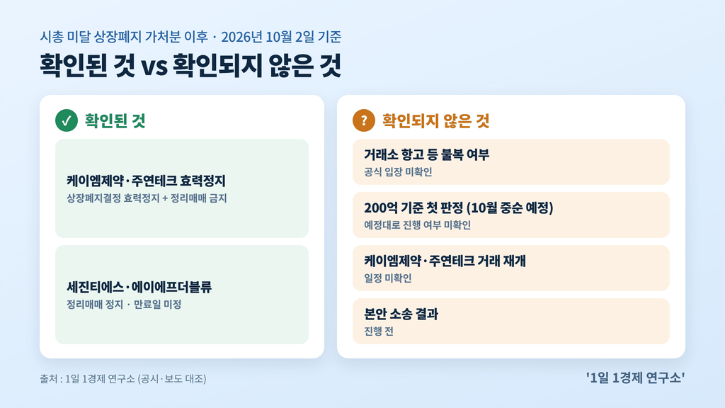 시총 미달 상장폐지 가처분 이후 확인된 것과 확인되지 않은 것 (2026년 10월 2일 기준)
